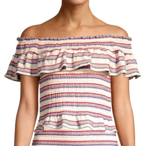 PARKER Lizette Smocked Crop Off the Shoulder Top Cabana Stripe Red Blue Sz Small - Picture 1 of 9